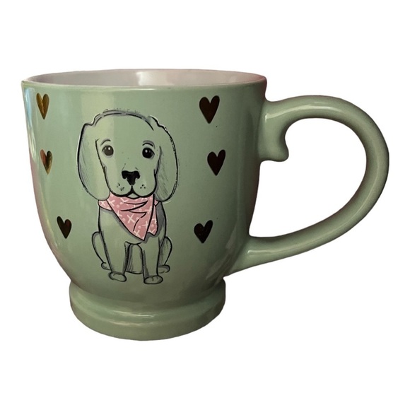 DOG mug mint green a golden/lab puppy in pink bandana 6 gold hearts around it. - Picture 2 of 6